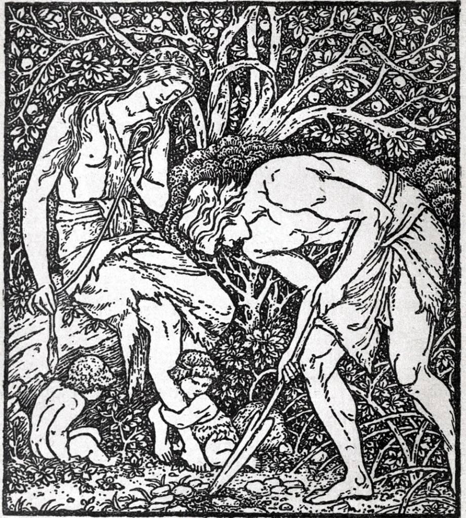 "When Adam delved and Eve span, who then was the gentleman?" Illustration from title page to William Morris's A Dream of John Ball (1888), by Edward Burne-Jones.